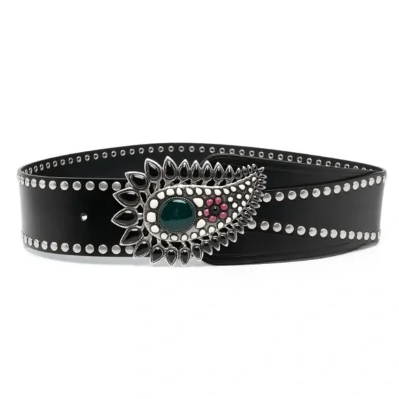 ISABEL MARANT Aliette Black Studded Leather Belt with Stone Accents NEW - 75cm - Picture 3 of 9